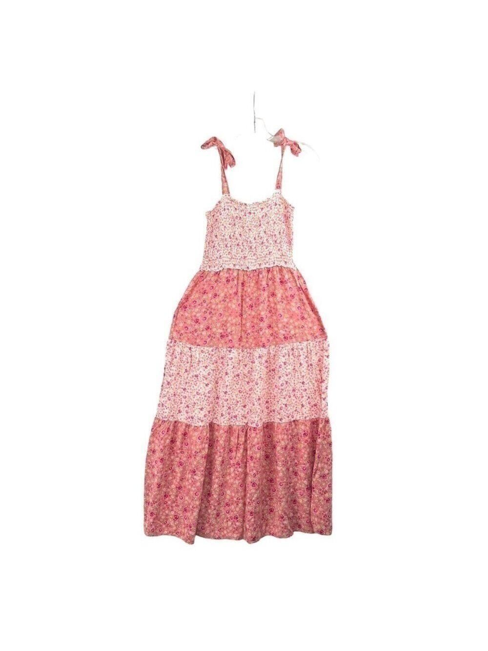 EUC-CITY Triangles Pink Floral, Smocked Bodice, Tiered, Tie Shoulders Maxi Dress